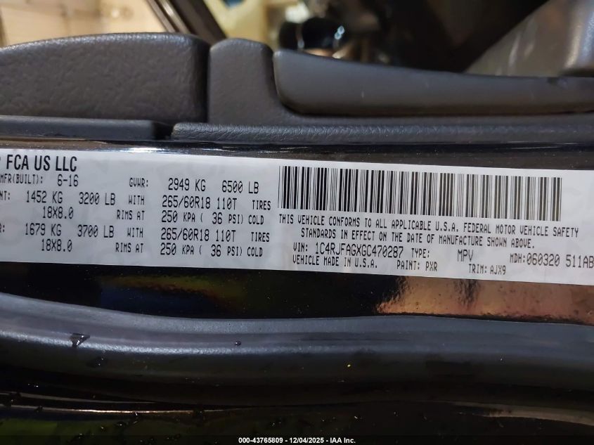 2016 Jeep Grand Cherokee 75Th Anniversary VIN: 1C4RJFAGXGC470287 Lot: 43765809