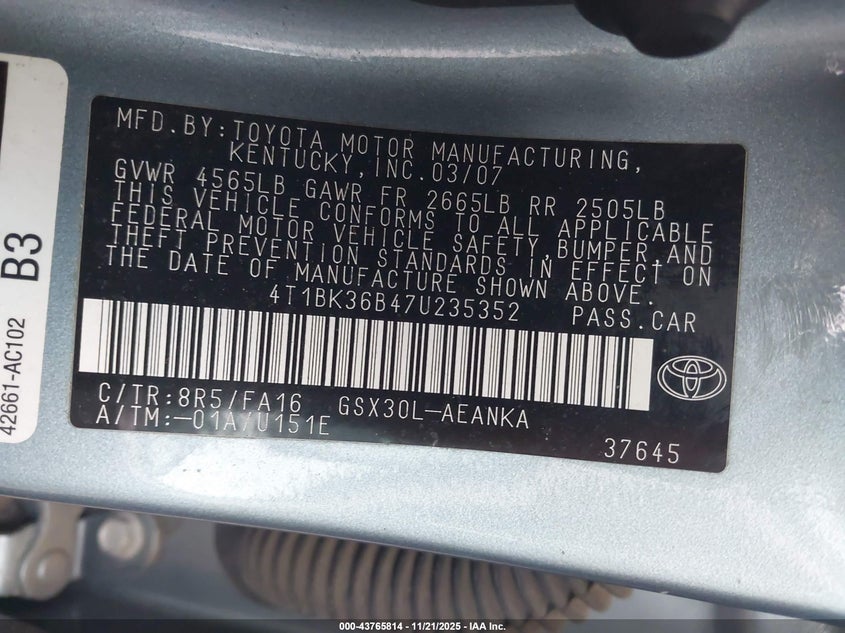 2007 Toyota Avalon Xl VIN: 4T1BK36B47U235352 Lot: 43765814
