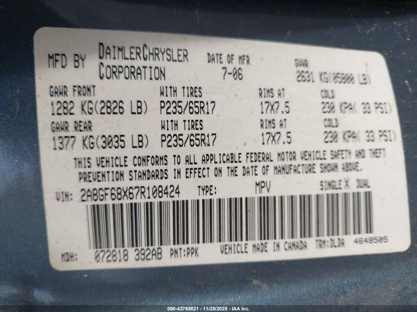 2007 Chrysler Pacifica Touring VIN: 2A8GF68X67R108424 Lot: 43765821