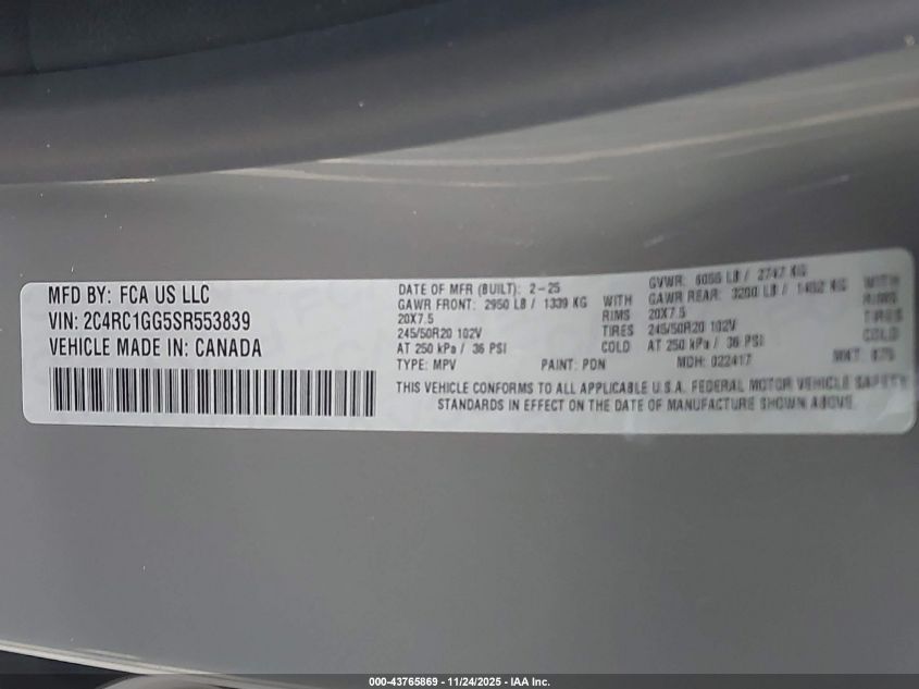 2025 Chrysler Pacifica Limited VIN: 2C4RC1GG5SR553839 Lot: 43765869