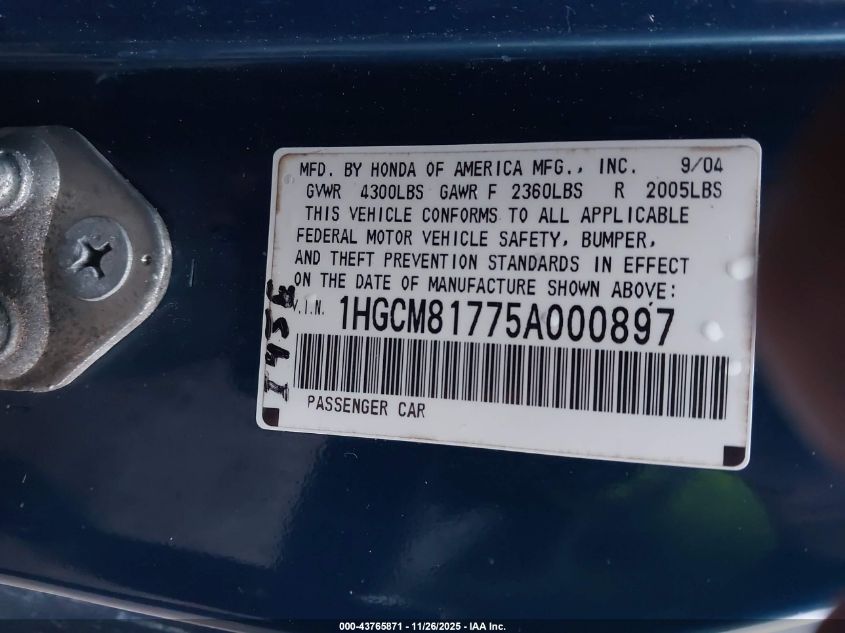 2005 Honda Accord 3.0 Ex VIN: 1HGCM81775A000897 Lot: 43765871