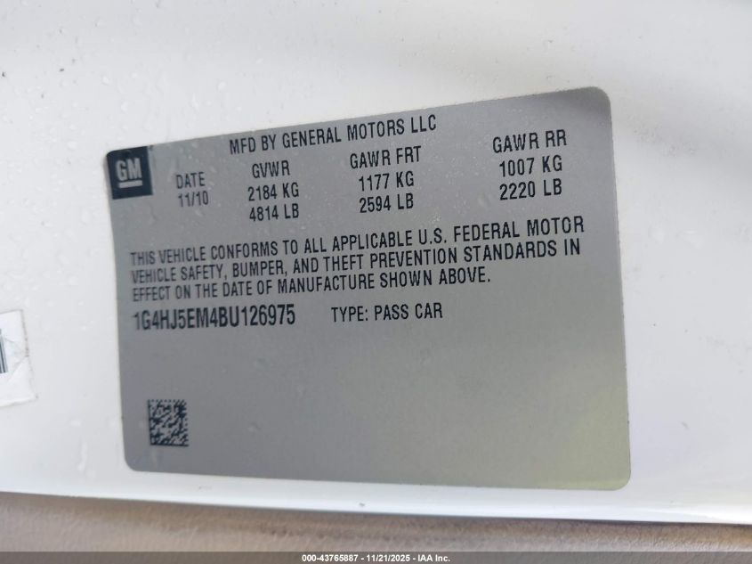 2011 Buick Lucerne Cxl Premium VIN: 1G4HJ5EM4BU126975 Lot: 43765887