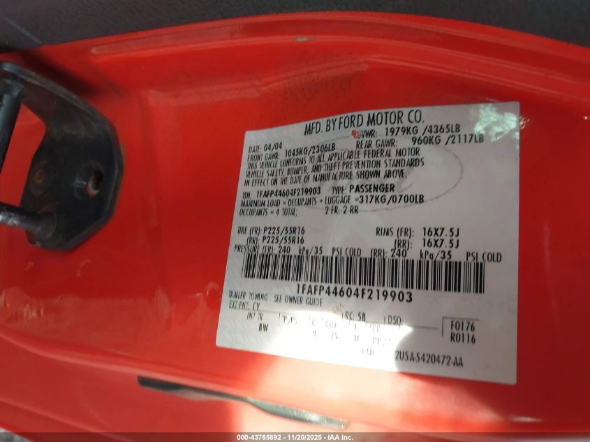 2004 Ford Mustang VIN: 1FAFP44604F219903 Lot: 43765892