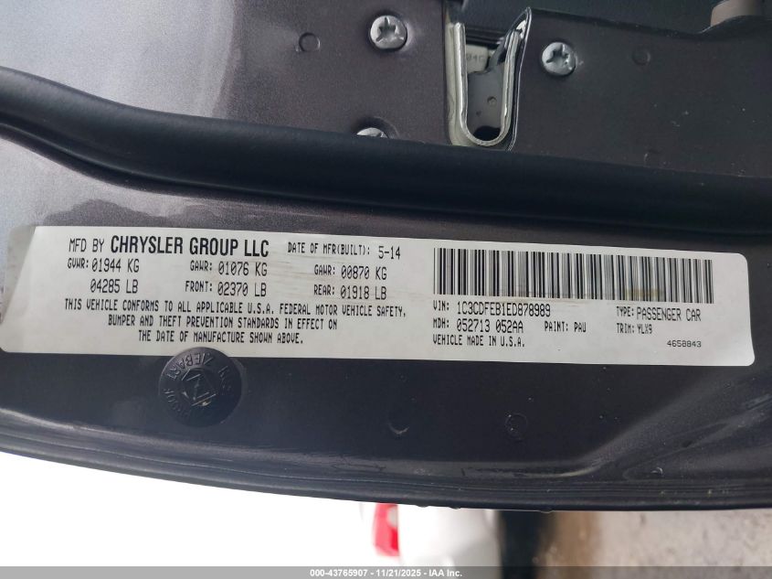 2014 Dodge Dart Gt VIN: 1C3CDFEB1ED878989 Lot: 43765907