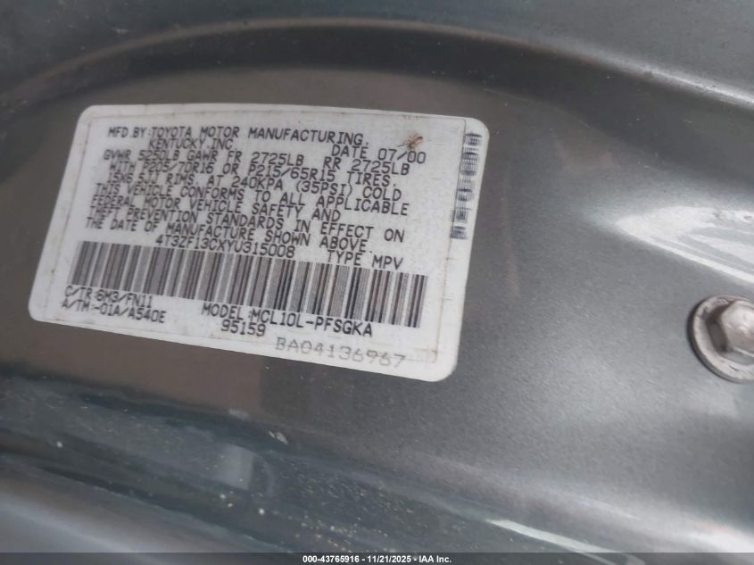 2000 Toyota Sienna Le VIN: 4T3ZF13CXYU315008 Lot: 43765916