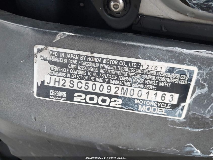 2002 Honda Cbr900 Rr VIN: JH2SC50092M001163 Lot: 43765934