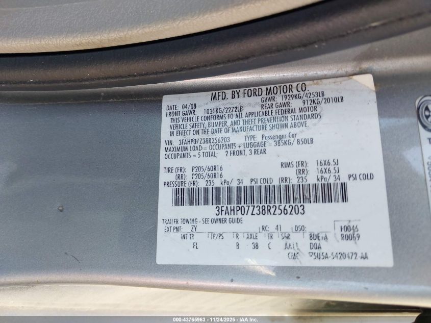 2008 Ford Fusion Se VIN: 3FAHP07Z38R256203 Lot: 43765963