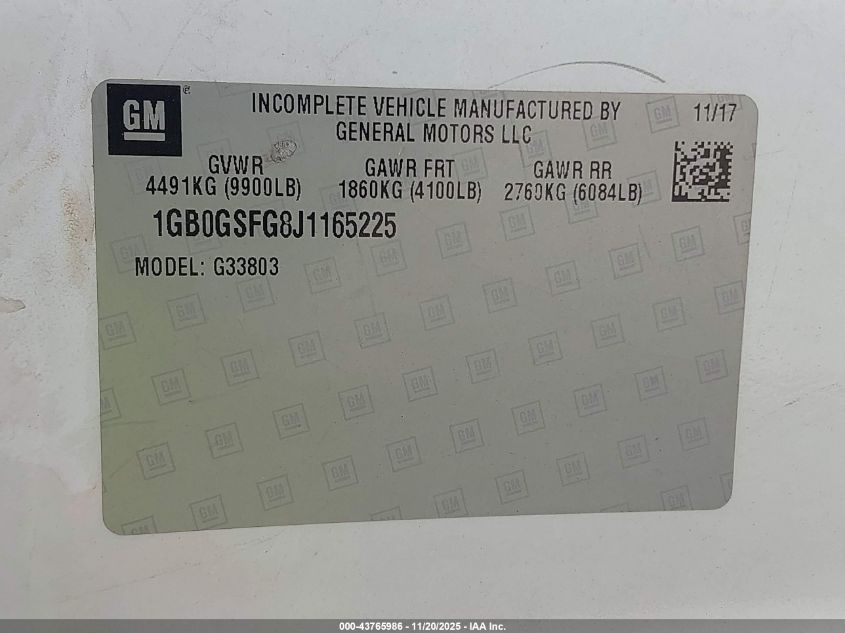 2018 Chevrolet Express Cutaway Work Van VIN: 1GB0GSFG8J1165225 Lot: 43765986