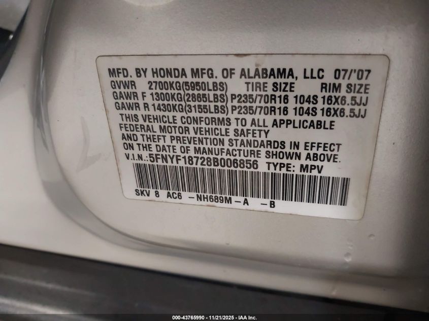 2008 Honda Pilot Ex-L VIN: 5FNYF18728B006856 Lot: 43765990