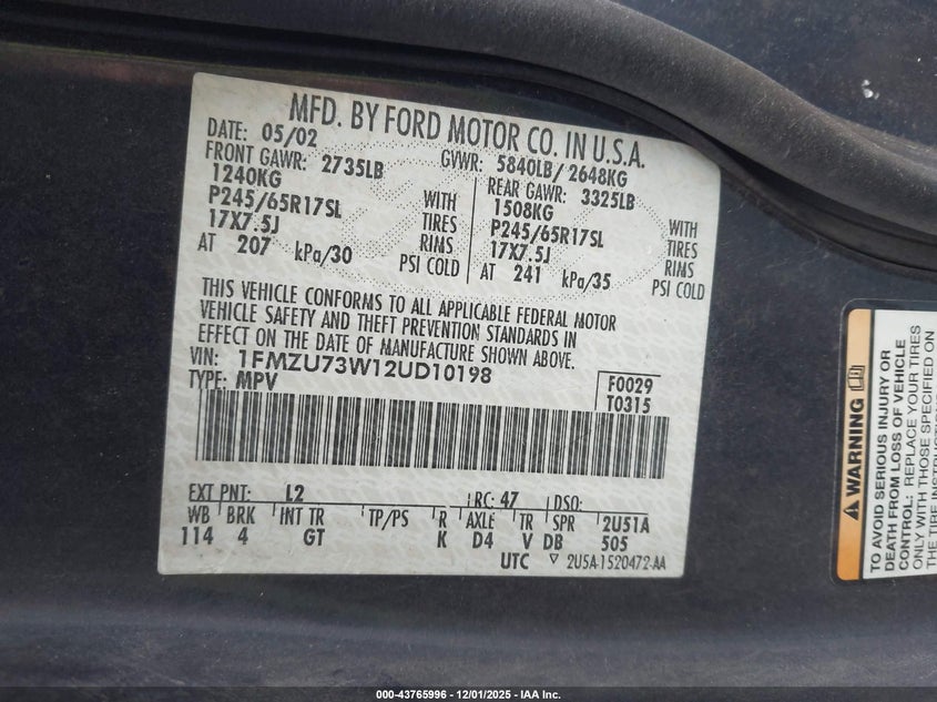 1FMZU73W12UD10198 2002 FORD EXPLORER photo no. 9