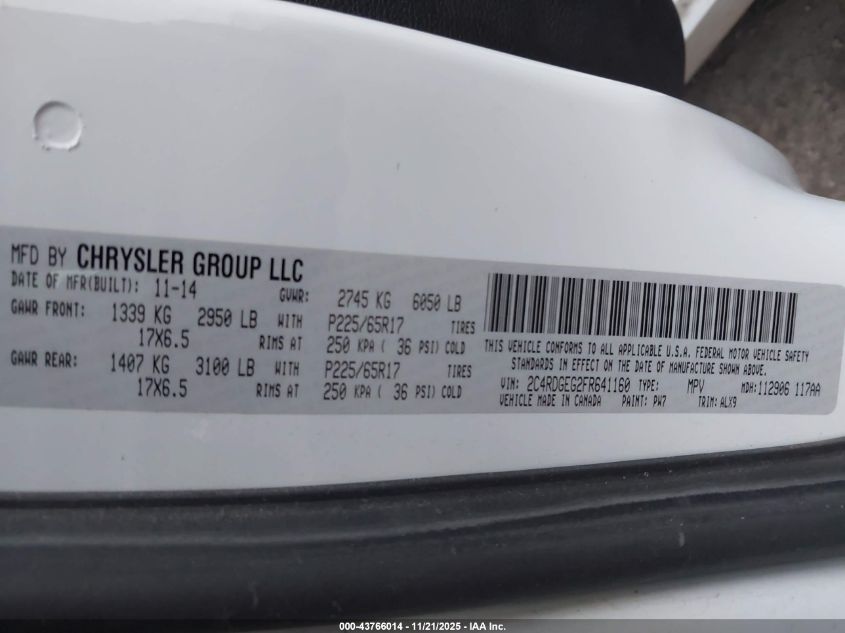 2015 Dodge Grand Caravan R/T VIN: 2C4RDGEG2FR641160 Lot: 43766014