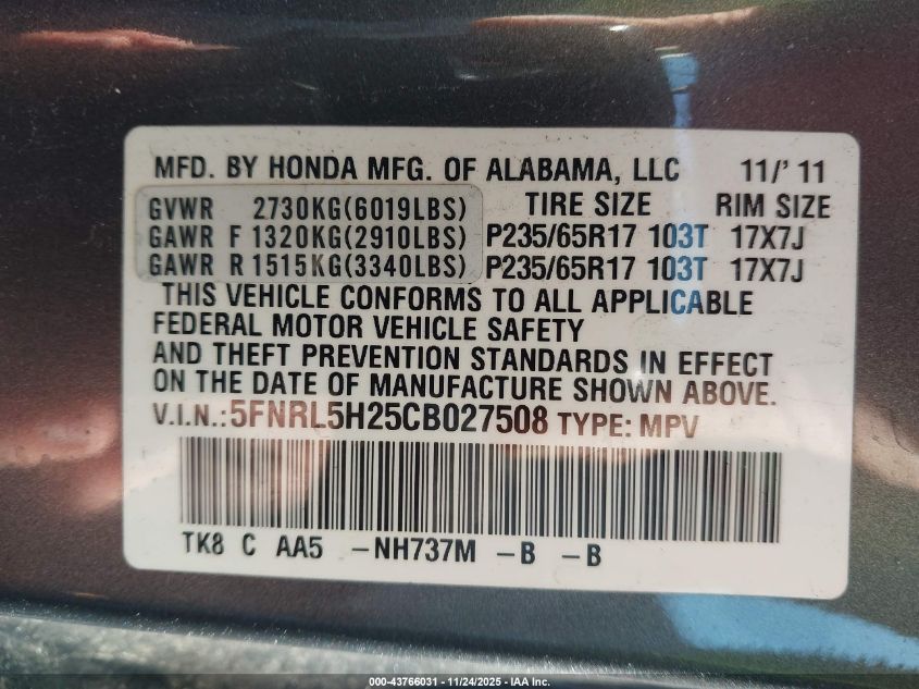 2012 Honda Odyssey Lx VIN: 5FNRL5H25CB027508 Lot: 43766031