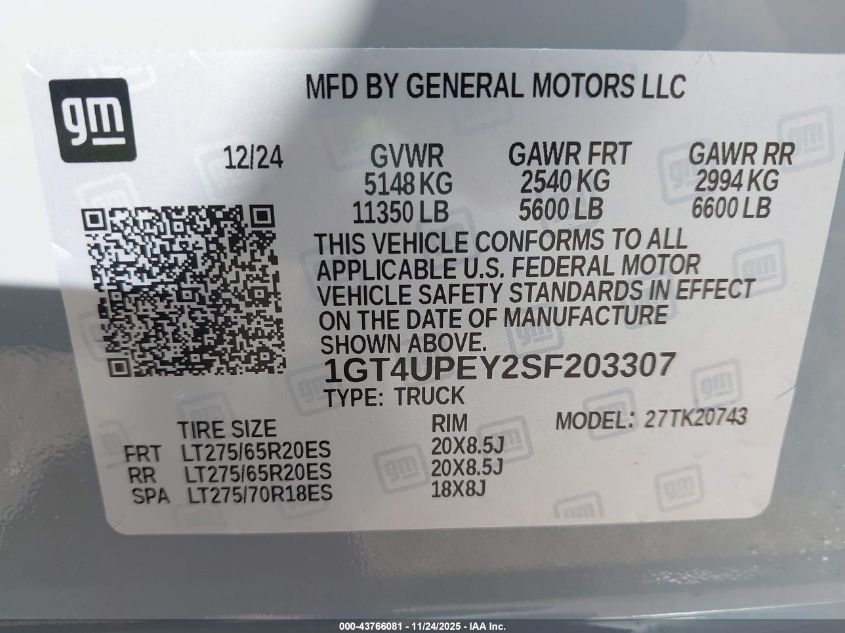 2025 GMC Sierra 2500Hd 4Wd Standard Bed At4 VIN: 1GT4UPEY2SF203307 Lot: 43766081