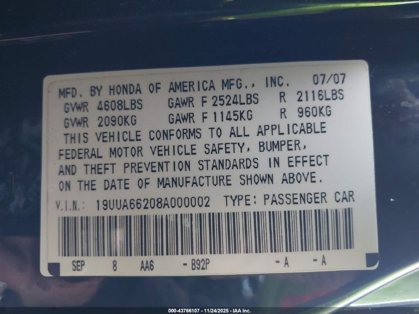 2008 Acura Tl 3.2 VIN: 19UUA66208A000002 Lot: 43766107