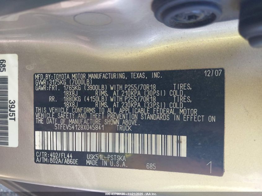 2008 Toyota Tundra Sr5 5.7L V8 VIN: 5TFEV54128X045841 Lot: 43766120