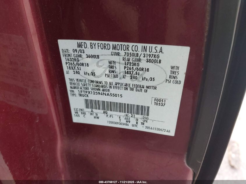 2004 Ford F-150 Lariat/Xl/Xlt VIN: 1FTPX12594NA55015 Lot: 43766127