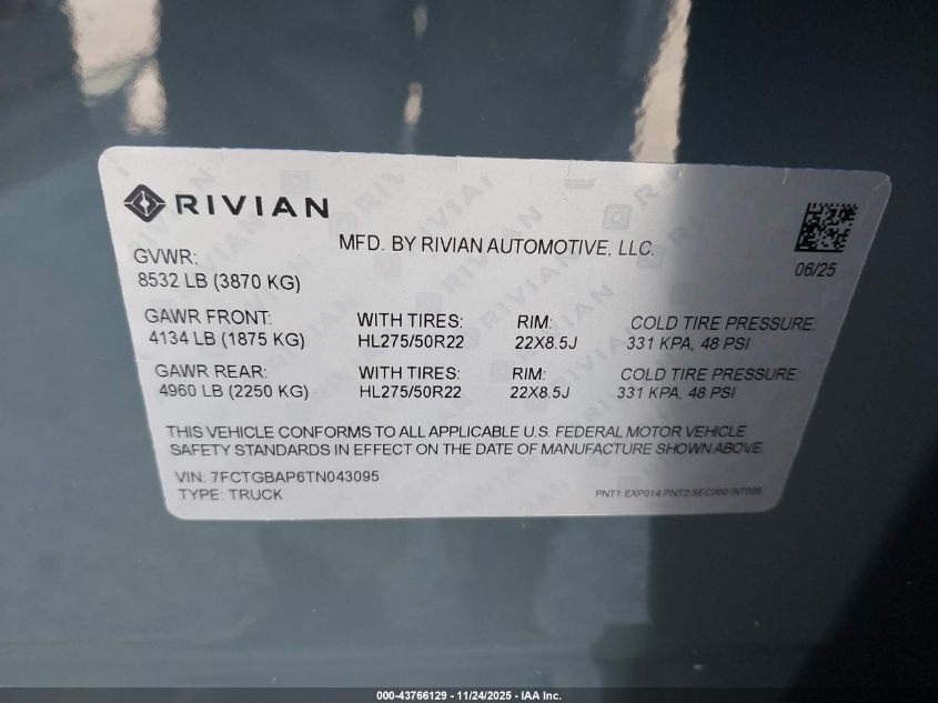 2026 Rivian R1T VIN: 7FCTGBAP6TN043095 Lot: 43766129