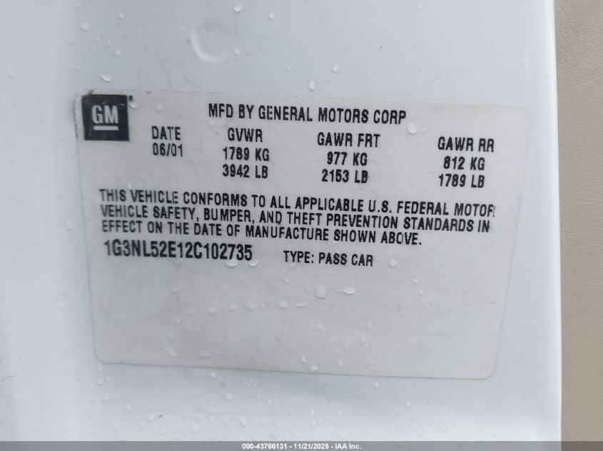 2002 Oldsmobile Alero Gl1 VIN: 1G3NL52E12C102735 Lot: 43766131