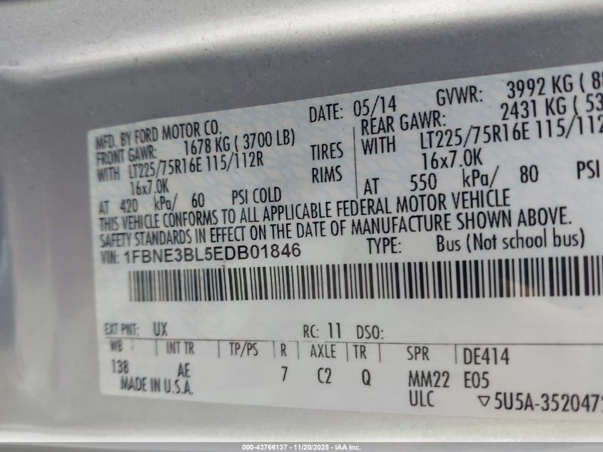 2014 Ford E-350 Super Duty Xl VIN: 1FBNE3BL5EDB01846 Lot: 43766137