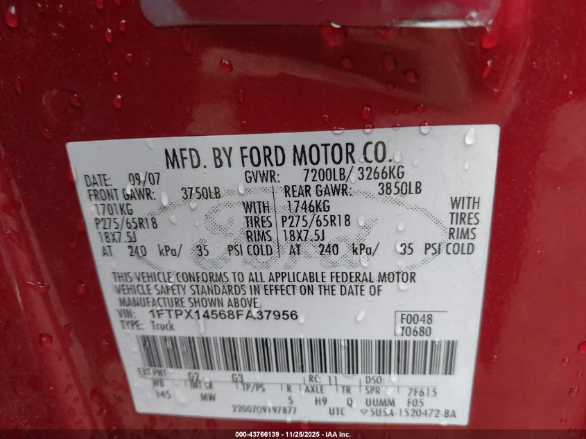 2008 Ford F-150 Xlt VIN: 1FTPX14568FA37956 Lot: 43766139