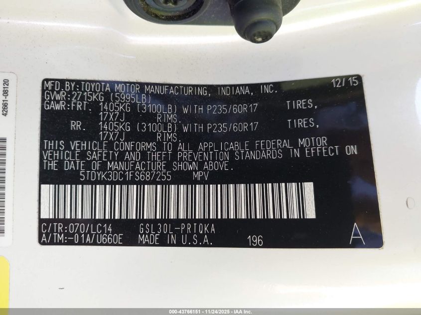 2015 Toyota Sienna Xle Premium 8 Passenger VIN: 5TDYK3DC1FS687255 Lot: 43766151
