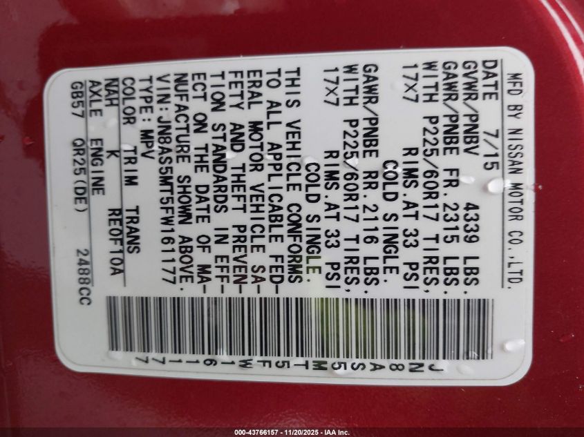 2015 Nissan Rogue Select S VIN: JN8AS5MT5FW161177 Lot: 43766157