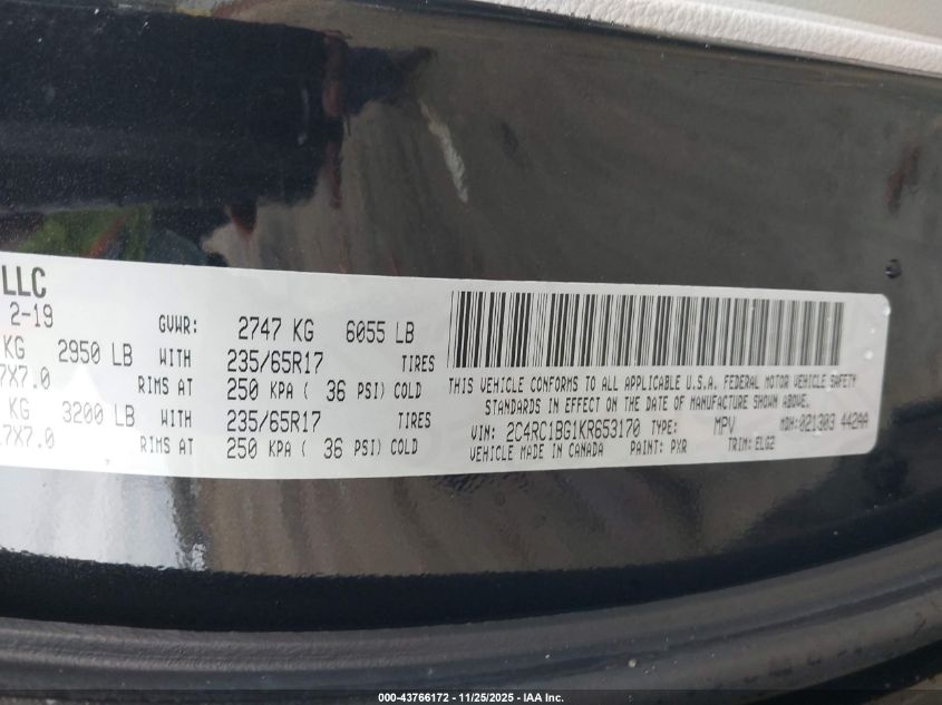 2019 Chrysler Pacifica Touring L VIN: 2C4RC1BG1KR653170 Lot: 43766172