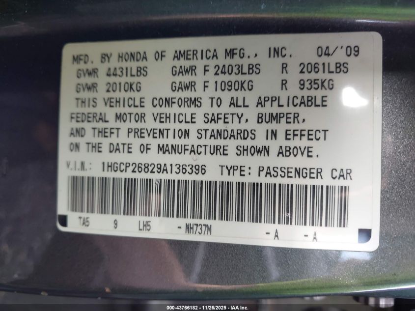 2009 Honda Accord 2.4 Ex-L VIN: 1HGCP26829A136396 Lot: 43766182
