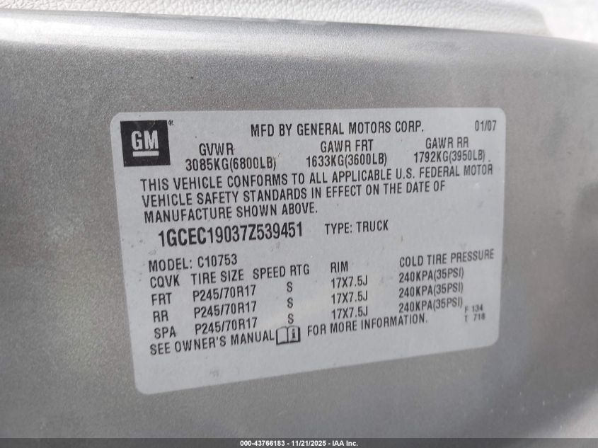 2007 Chevrolet Silverado 1500 Lt1 VIN: 1GCEC19037Z539451 Lot: 43766183