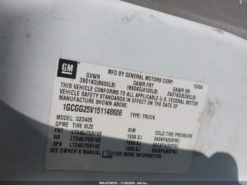 2005 Chevrolet Express VIN: 1GCGG25V151148606 Lot: 43766191
