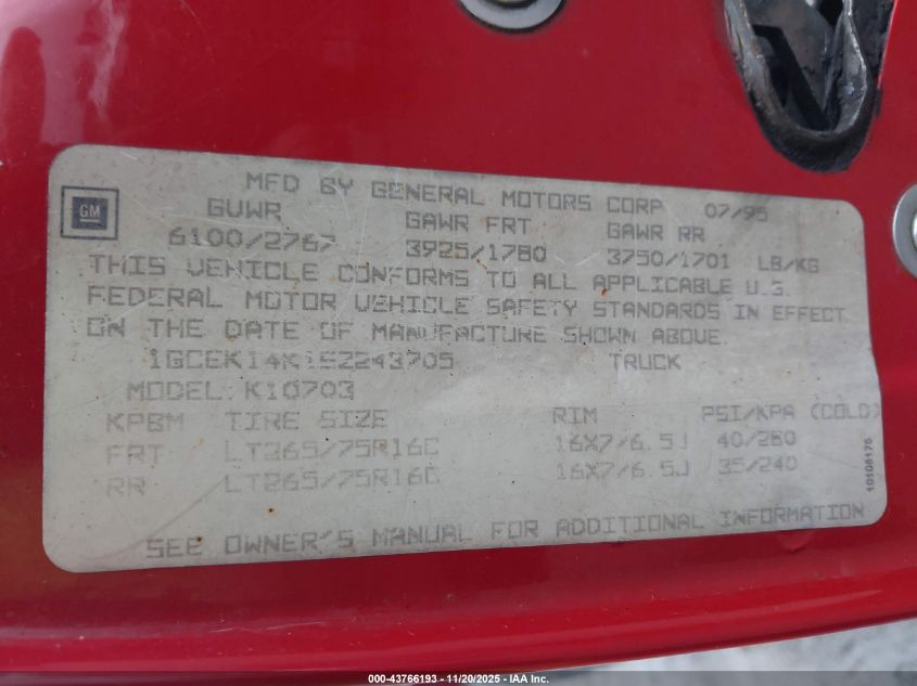 1995 Chevrolet Gmt-400 K1500 VIN: 1GCEK14K1SZ243705 Lot: 43766193