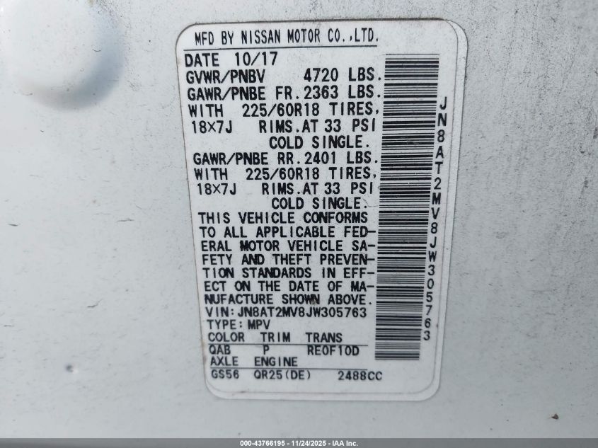 2018 Nissan Rogue Sl VIN: JN8AT2MV8JW305763 Lot: 43766195