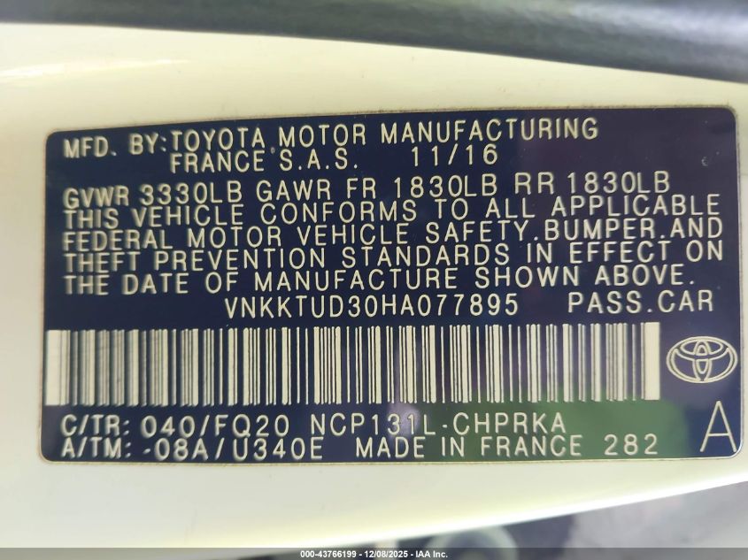 2017 Toyota Yaris L VIN: VNKKTUD30HA077895 Lot: 43766199