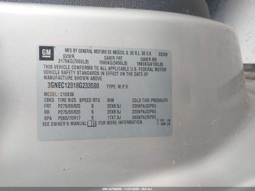 2008 Chevrolet Avalanche 1500 Ltz VIN: 3GNEC12018G233500 Lot: 43766206