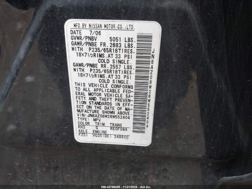 2006 Nissan Murano S VIN: JN8AZ08W26W552404 Lot: 43766208