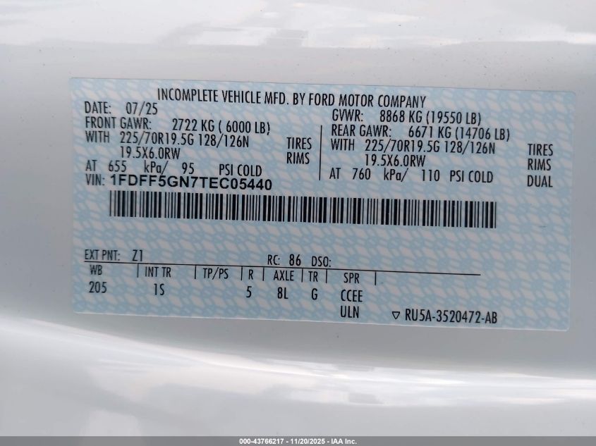 2026 Ford F-550 Chassis Xl VIN: 1FDFF5GN7TEC05440 Lot: 43766217