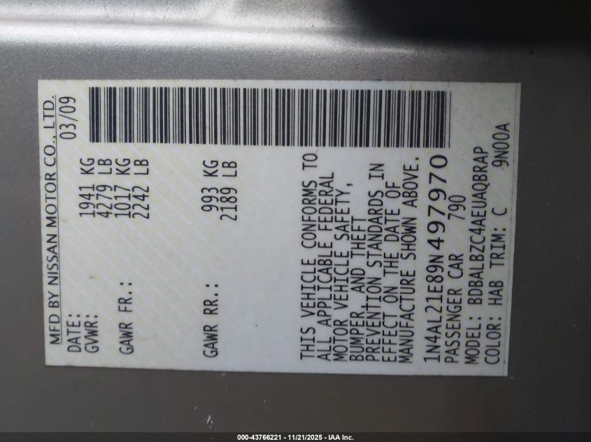 2009 Nissan Altima 2.5 S VIN: 1N4AL21E89N497970 Lot: 43766221