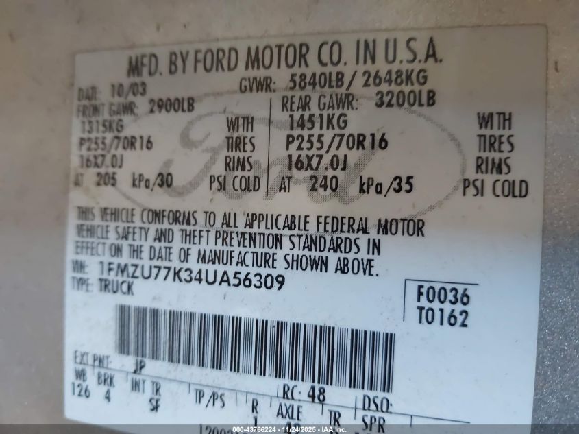 2004 Ford Explorer Sport Trac Adrenalin/Xls/Xlt VIN: 1FMZU77K34UA56309 Lot: 43766224