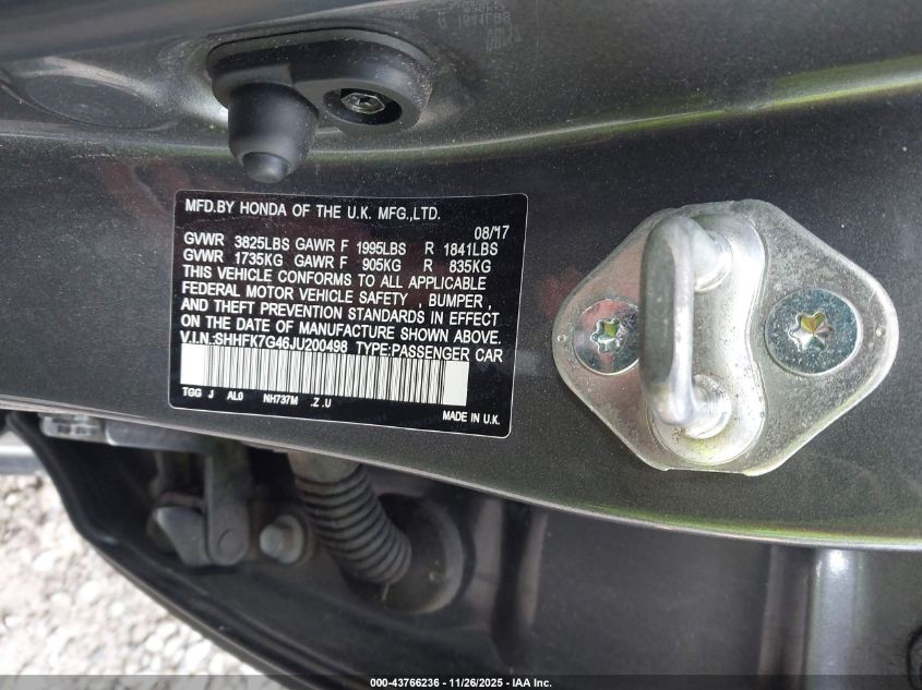 2018 Honda Civic Sport VIN: SHHFK7G46JU200498 Lot: 43766236