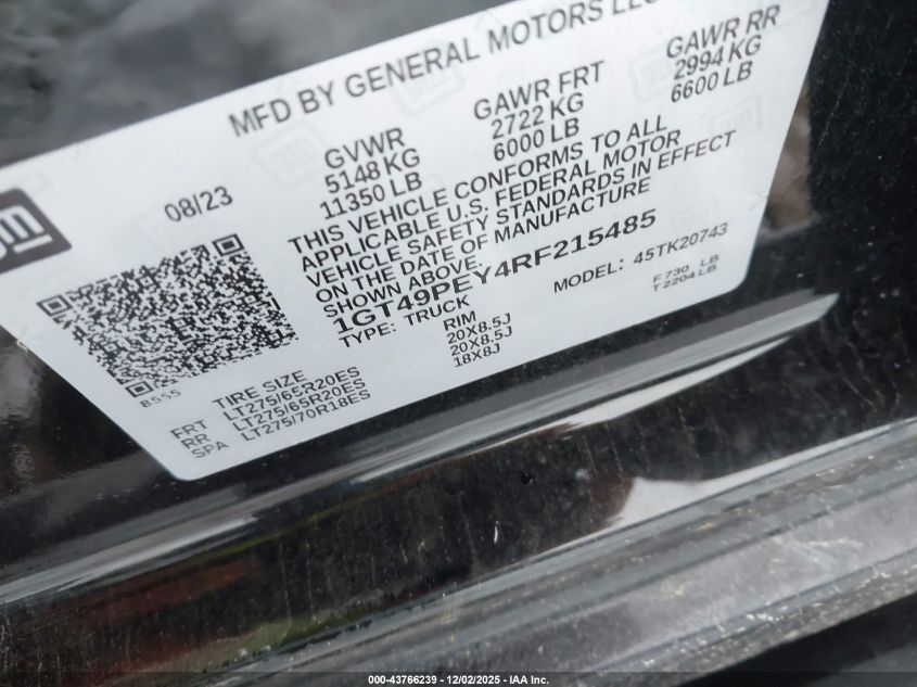 2024 GMC Sierra 2500Hd 4Wd Standard Bed At4 VIN: 1GT49PEY4RF215485 Lot: 43766239
