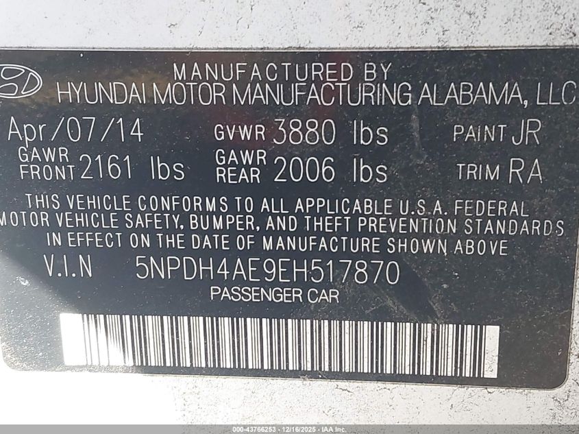 2014 Hyundai Elantra Se VIN: 5NPDH4AE9EH517870 Lot: 43766253