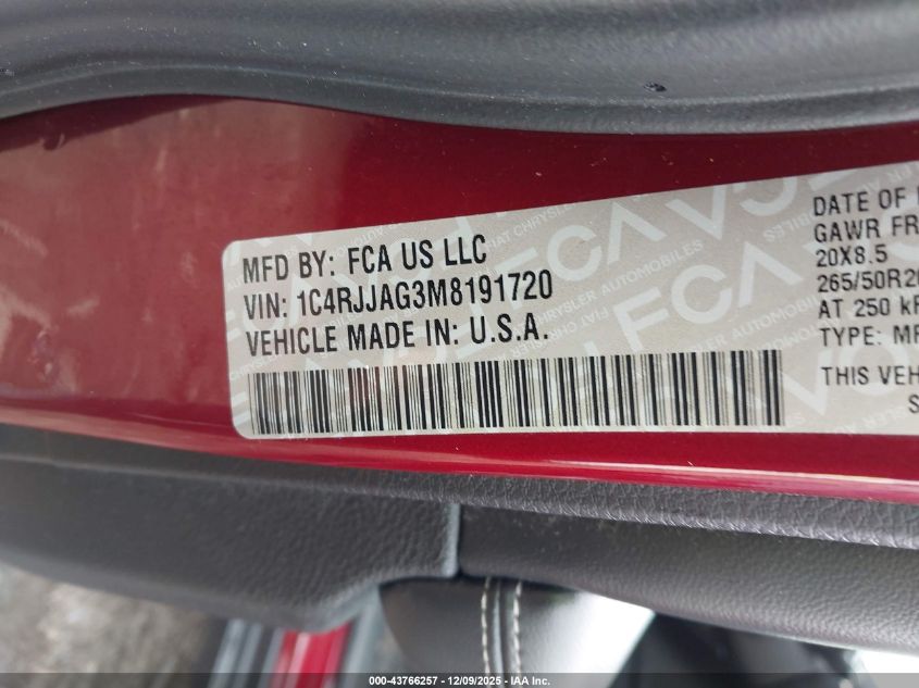 2021 Jeep Grand Cherokee L Altitude 4X2 VIN: 1C4RJJAG3M8191720 Lot: 43766257