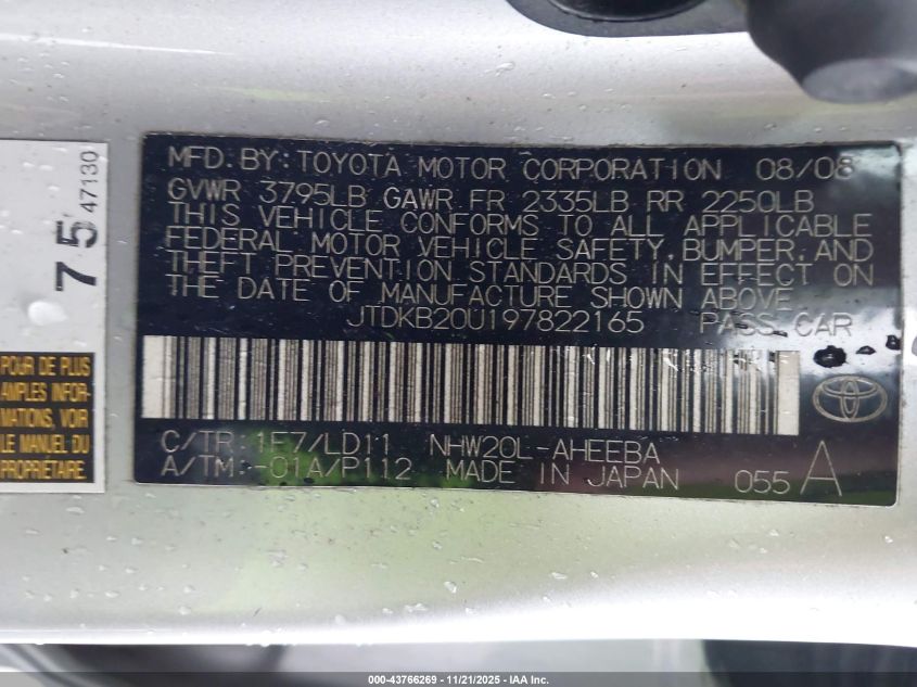 2009 Toyota Prius VIN: JTDKB20U197822165 Lot: 43766269