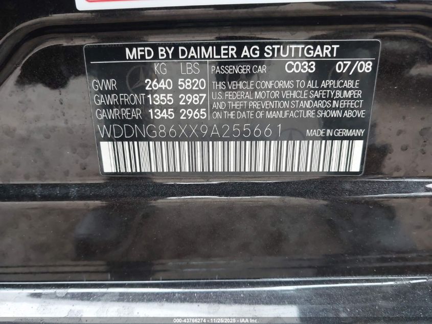 2009 Mercedes-Benz S 550 4Matic VIN: WDDNG86XX9A255661 Lot: 43766274