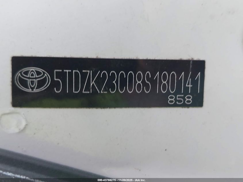 2008 Toyota Sienna Ce VIN: 5TDZK23C08S180141 Lot: 43766275