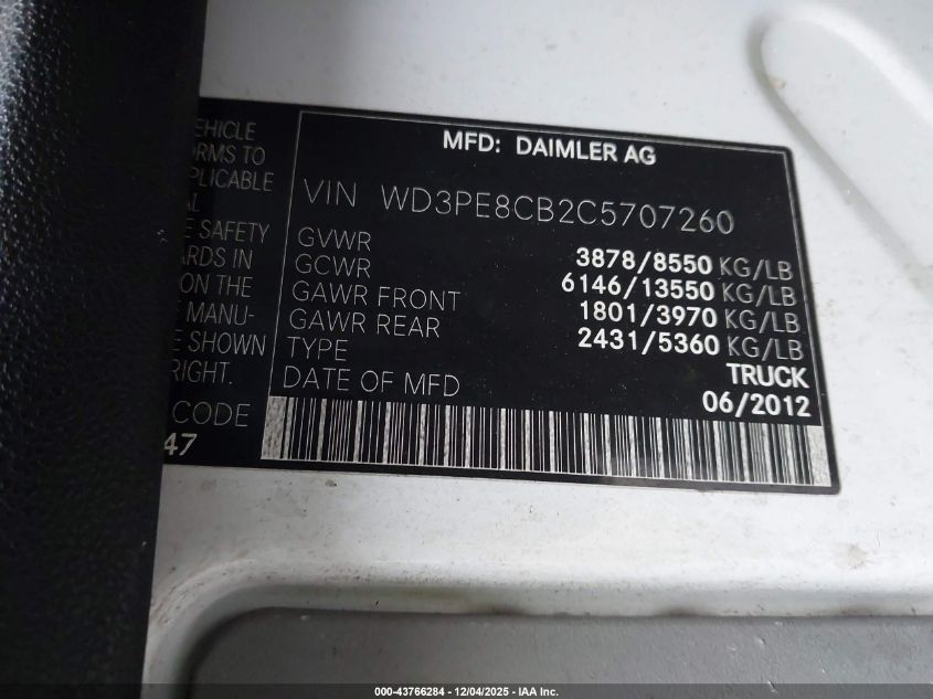 2012 Mercedes-Benz Sprinter 2500 High Roof VIN: WD3PE8CB2C5707260 Lot: 43766284