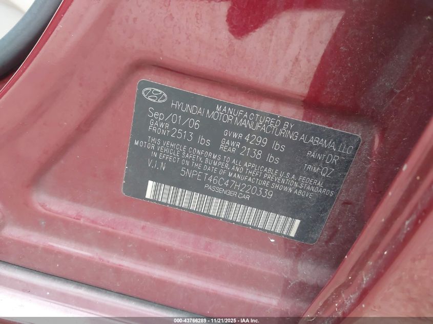 2007 Hyundai Sonata Gls VIN: 5NPET46C47H220339 Lot: 43766289
