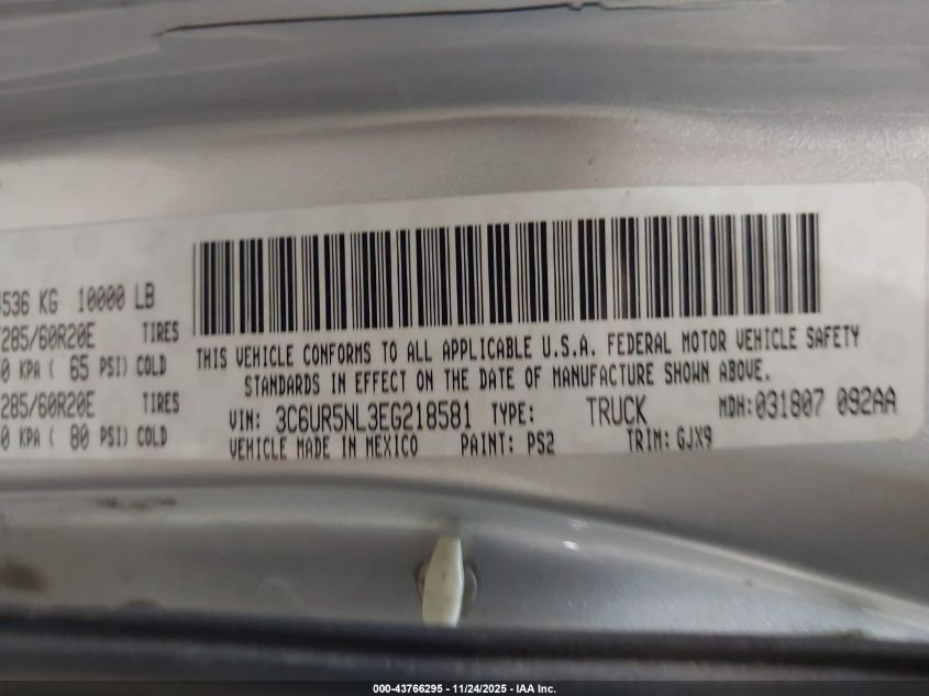 2014 Ram 2500 Laramie VIN: 3C6UR5NL3EG218581 Lot: 43766295