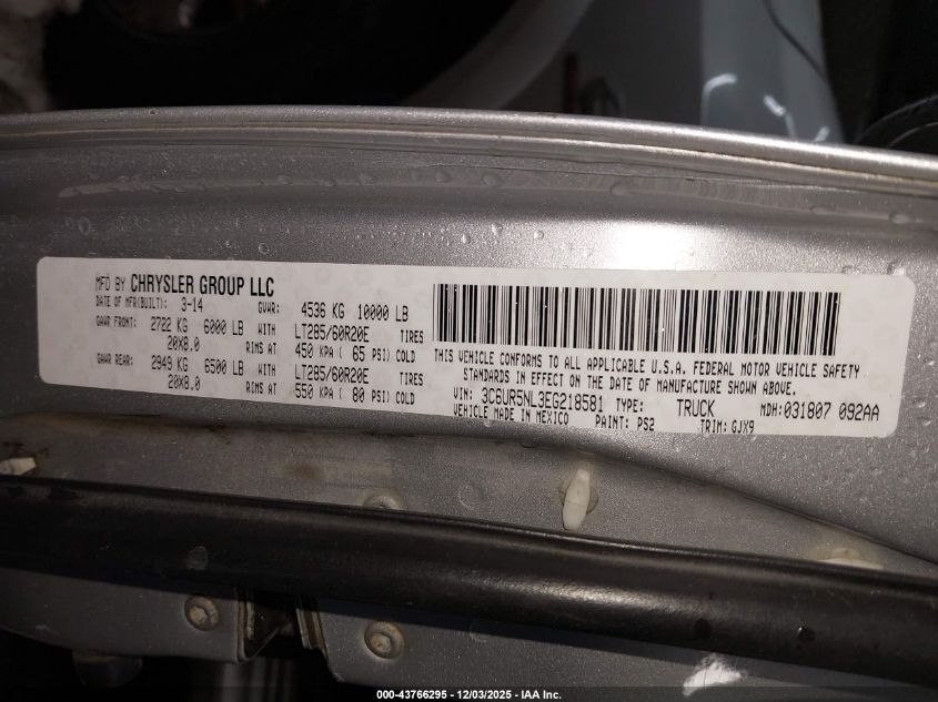 2014 Dodge 2500 VIN: 3C6UR5NL3EG218581 Lot: 43766295