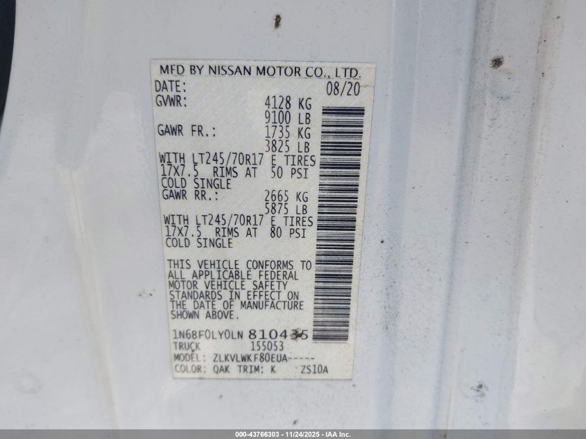 2020 Nissan Nv Cargo Nv2500 Hd S High Roof V6 VIN: 1N6BF0LY0LN810435 Lot: 43766303
